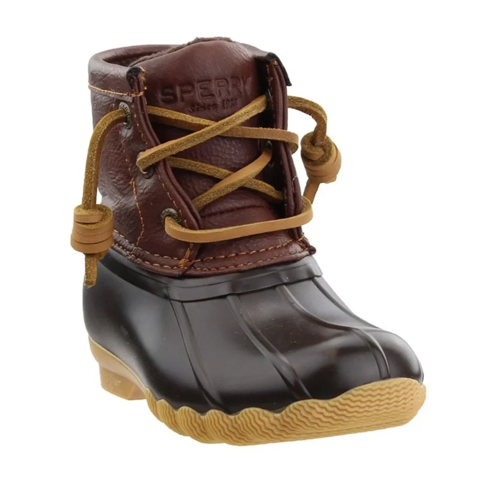 Sperry Saltwater Duck Boots Girls 7 Brown Black Waterproof Lace Up Winter Rain